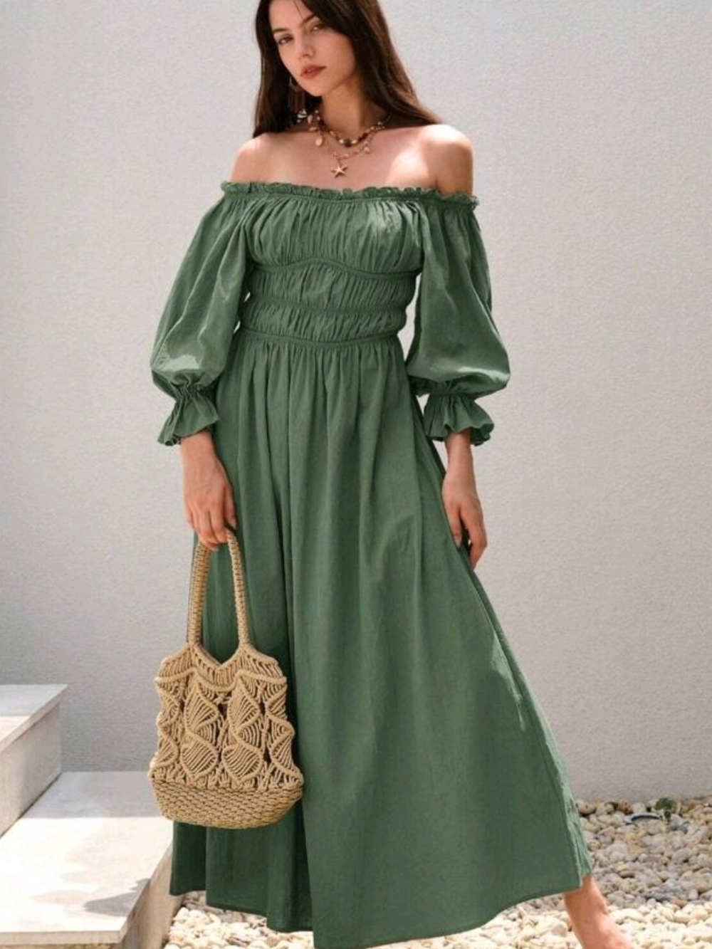 Off-Shoulder Smocked Maxi Dress in Olive Green